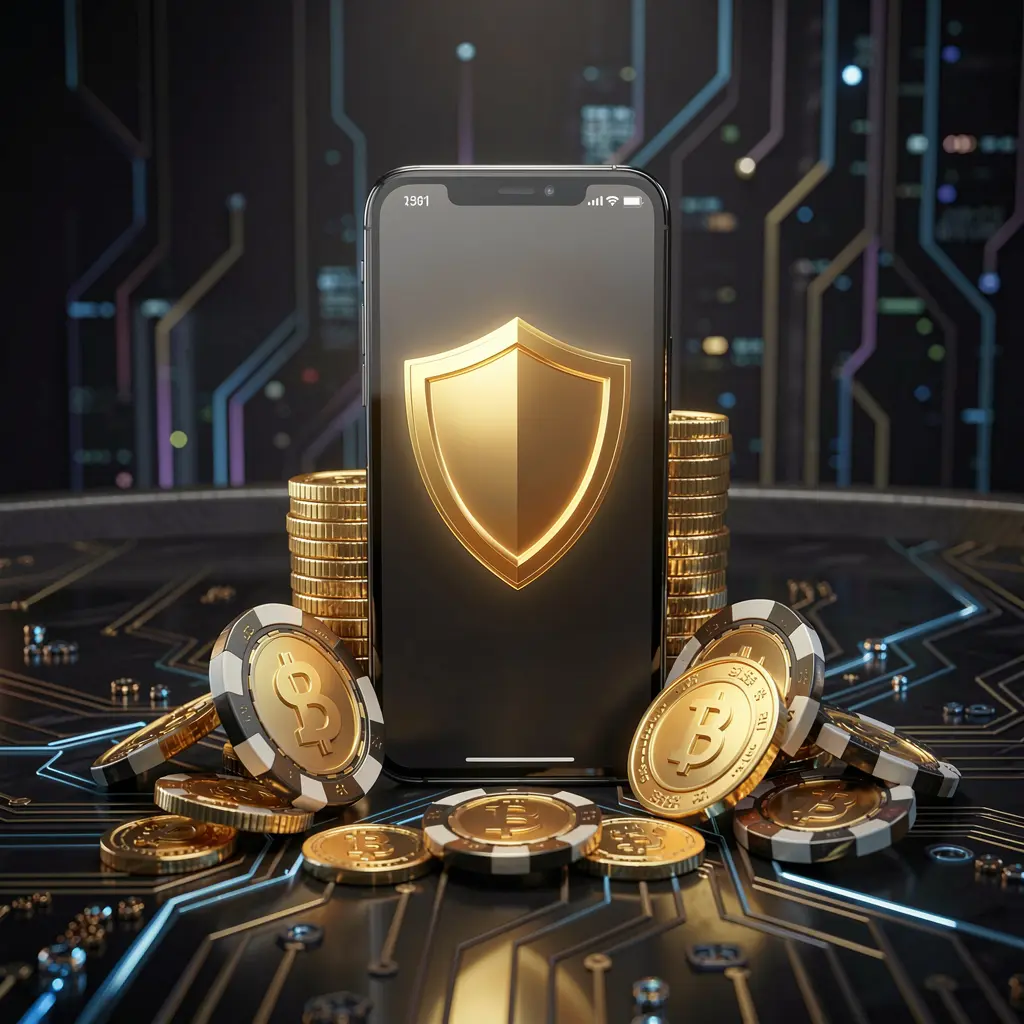 RUN77 secure mobile casino app concept showing a smartphone with a glowing shield icon surrounded by golden coins and chips against a dark luxury cyber background in a realistic 3D render