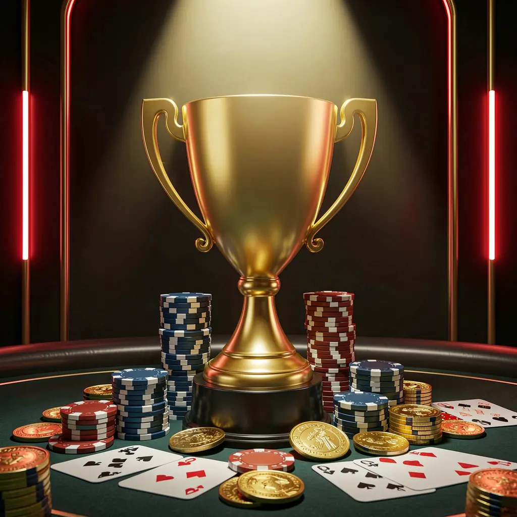 RUN77 casino tournament bonus concept featuring a golden trophy surrounded by poker chips, playing cards, and coins under a bright spotlight in a competitive luxury casino atmosphere with dark background and red and gold neon accents