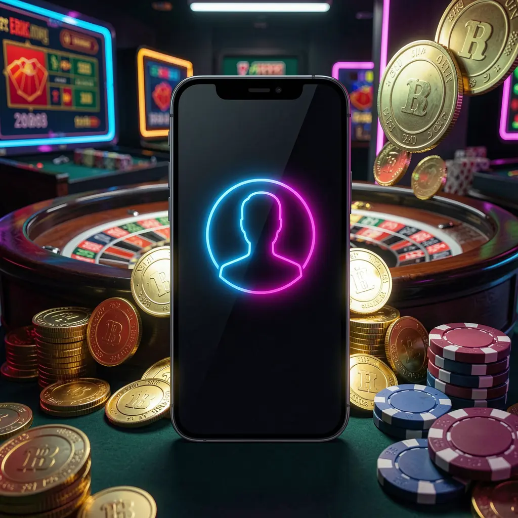 RUN77 online casino login hero image featuring a modern phone with a glowing profile icon, roulette lights in the background, and golden coins and poker chips in a premium dark neon atmosphere
