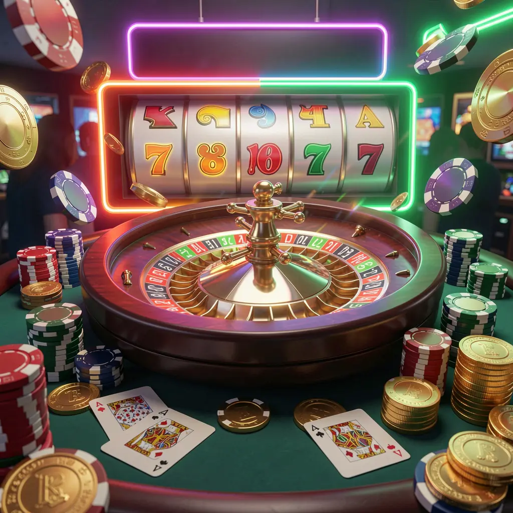 RUN77 casino homepage visual featuring a realistic 3D render of a roulette wheel, poker chips, playing cards, golden coins, and jackpot lights with a bright neon glow in a dynamic composition
